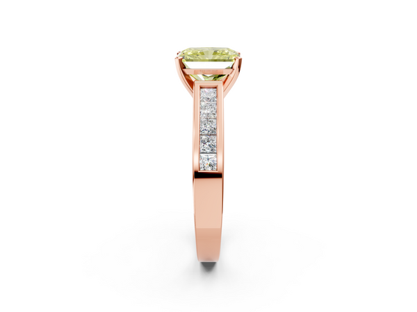 Rose gold Fancy Yellow Radiant  Solitaire Diamond Ring with Channel-Set Band and Four-Prong Setting