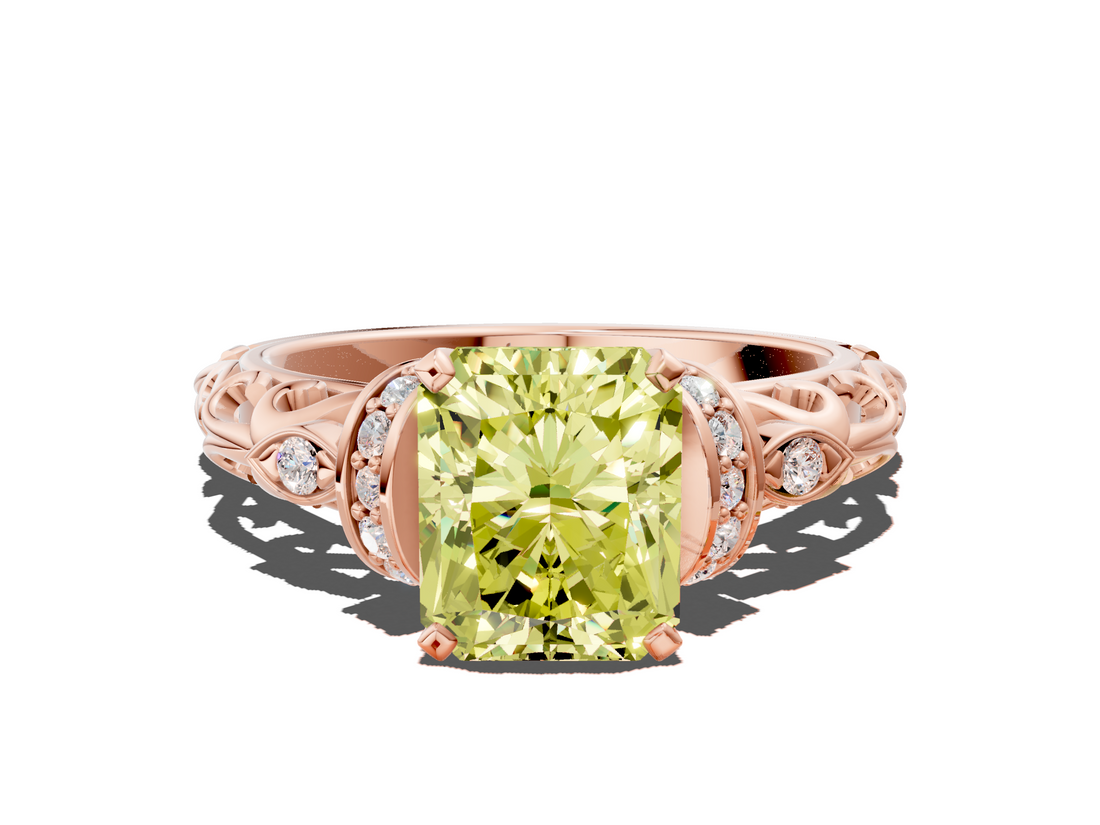 Rose gold Fancy Yellow Radiant  Solitaire Diamond Ring with Filigree Band and Four-Prong Setting_59