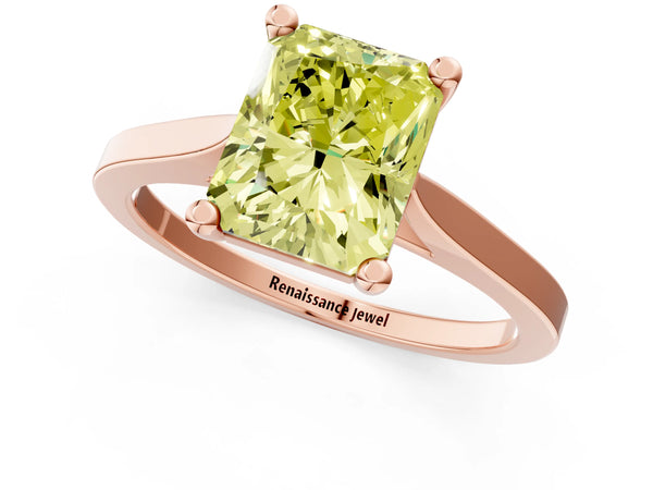 Rose gold Fancy Yellow Radiant  Solitaire Diamond Ring with Four-Prong Setting and Tapered Band