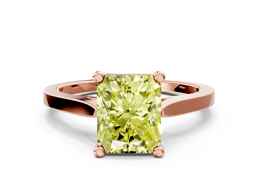 Rose gold Fancy Yellow Radiant  Solitaire Diamond Ring with Four-Prong Setting and Tapered Band