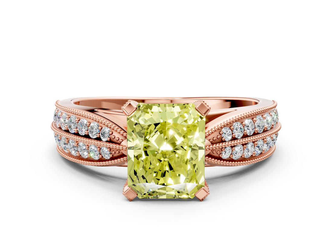 Rose gold Fancy Yellow Radiant  Solitaire Diamond Ring with Milgrain Pavé Band and Four-Prong Setting_31