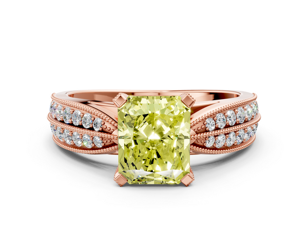 Rose gold Fancy Yellow Radiant  Solitaire Diamond Ring with Milgrain Pavé Band and Four-Prong Setting