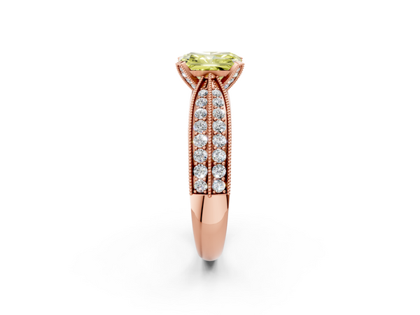 Rose gold Fancy Yellow Radiant  Solitaire Diamond Ring with Milgrain Pavé Band and Four-Prong Setting