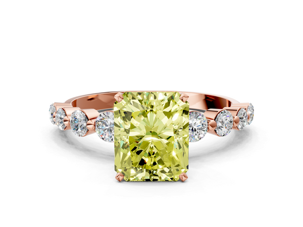 Rose gold Fancy Yellow Radiant Cut Solitaire Diamond Ring with Pave Band and Four-Prong Setting
