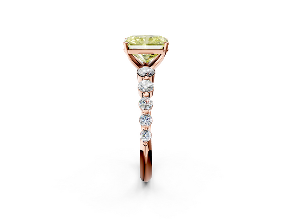 Rose gold Fancy Yellow Radiant Cut Solitaire Diamond Ring with Pave Band and Four-Prong Setting