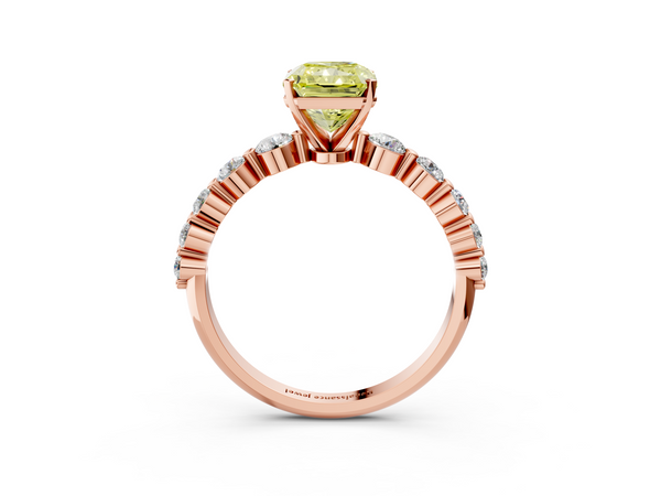 Rose gold Fancy Yellow Radiant Cut Solitaire Diamond Ring with Pave Band and Four-Prong Setting