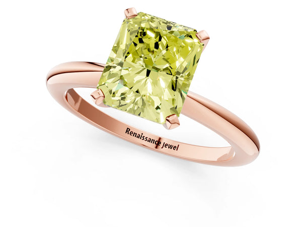 Rose gold Fancy Yellow Radiant Cut Diamond Solitaire Ring with Six-Prong Setting and Classic Band