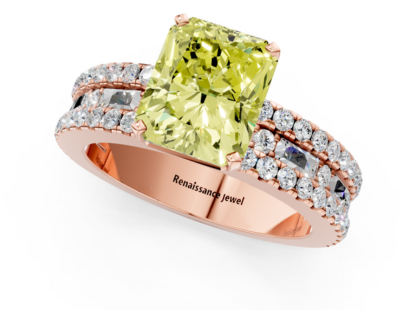 Rose gold Fancy Yellow Radiant Cut Diamond Solitaire Ring with Pavé and Channel Set Band