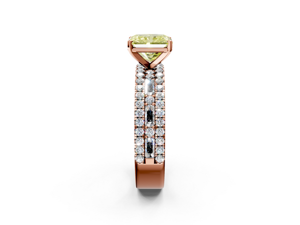 Rose gold Fancy Yellow Radiant Cut Diamond Solitaire Ring with Pavé and Channel Set Band
