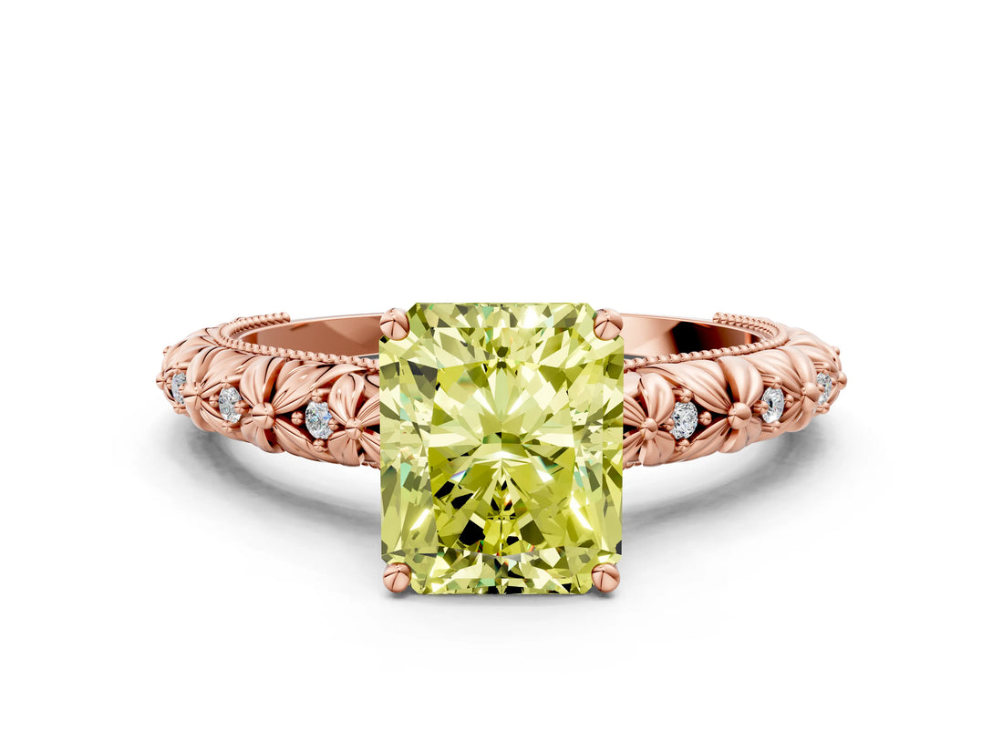 Rose gold Fancy Yellow Radiant  Solitaire Floral Milgrain Engagement Ring_32