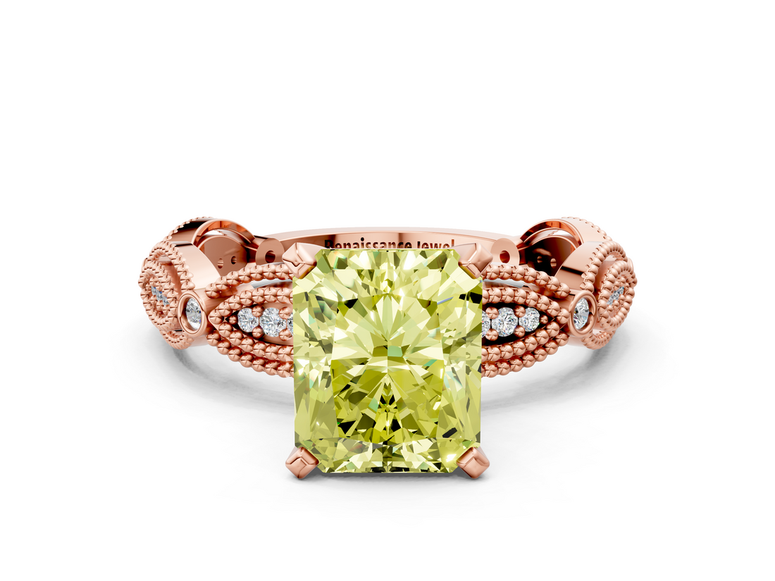 Rose gold Fancy Yellow Radiant  Solitaire Milgrain Diamond Engagement Ring with Bezel and Marquise Band_132