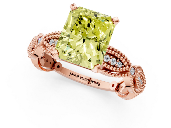 Rose gold Fancy Yellow Radiant  Solitaire Milgrain Diamond Engagement Ring with Bezel and Marquise Band