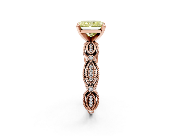 Rose gold Fancy Yellow Radiant  Solitaire Milgrain Diamond Engagement Ring with Bezel and Marquise Band