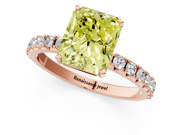 Rose gold Fancy Yellow Radiant Cut Diamond Solitaire Pavé Band with Four-Prong Setting