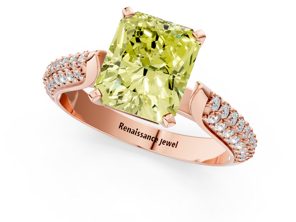 Rose gold Fancy Yellow Radiant  Diamond Solitaire Engagement Ring with Pavé Band and Four-Prong Setting