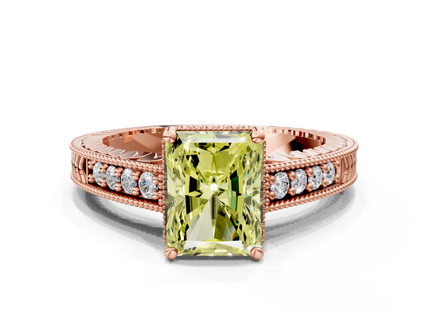 Rose gold Fancy Yellow Radiant  Solitaire Pavé Diamond Milgrain Engagement Ring with Four-Prong Setting