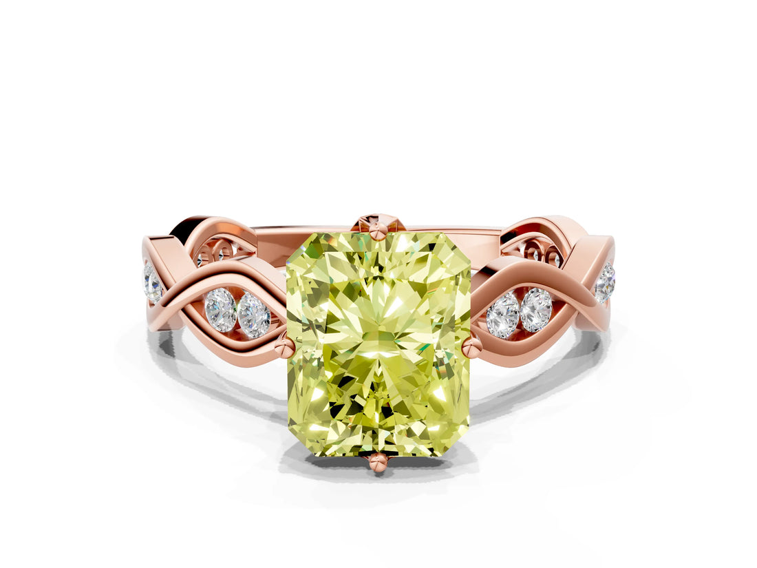 Rose gold Fancy Yellow Radiant  Solitaire Twist Band with Leaf Prong Setting