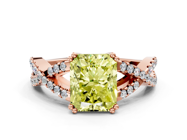 Rose gold Fancy Yellow Radiant Cut Diamond Solitaire Ring with Four-Prong Setting and Twisted Pavé Band