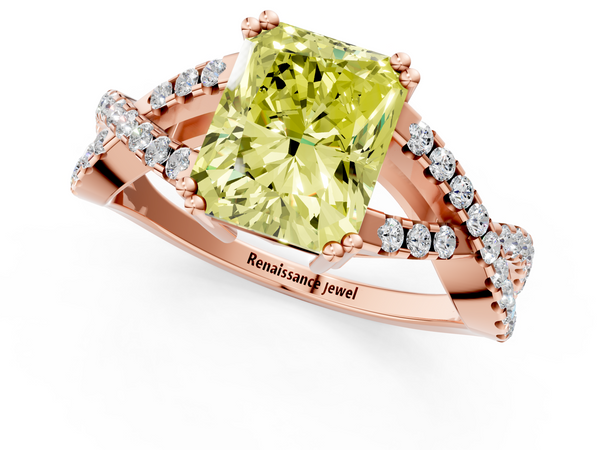Rose gold Fancy Yellow Radiant Cut Diamond Solitaire Ring with Four-Prong Setting and Twisted Pavé Band