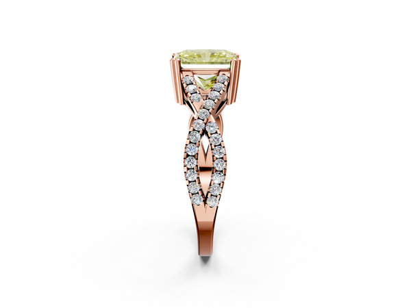 Rose gold Fancy Yellow Radiant Cut Diamond Solitaire Ring with Four-Prong Setting and Twisted Pavé Band