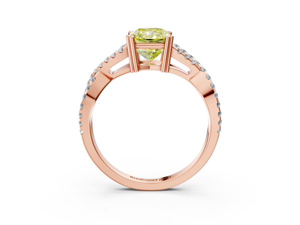 Rose gold Fancy Yellow Radiant Cut Diamond Solitaire Ring with Four-Prong Setting and Twisted Pavé Band