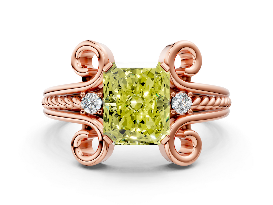 Rose gold Fancy Yellow Radiant  Solitaire Twisted Band Scroll Prong Ring_3