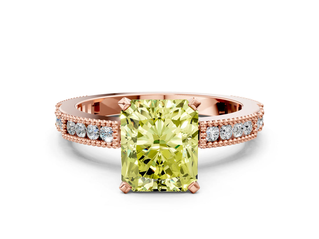 Rose gold Fancy Yellow Radiant  Solitaire with Pavé Band and Four-Prong Setting_318