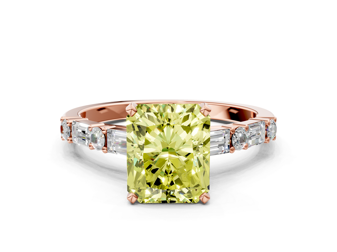 Rose gold Fancy Yellow Radiant  Solitaire with Side Baguettes and Channel Set Band_42