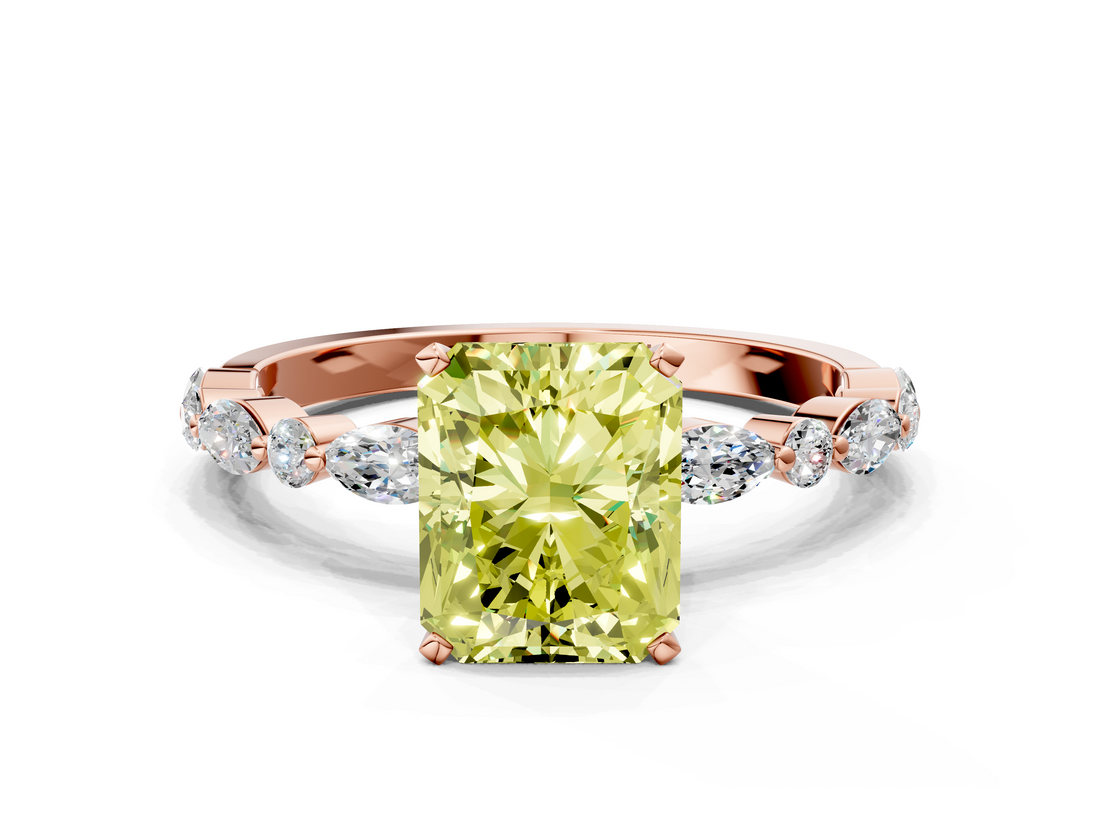 Rose gold Fancy Yellow Radiant  Solitaire with Side Stones on a Pavé Band and Four-Prong Setting_23