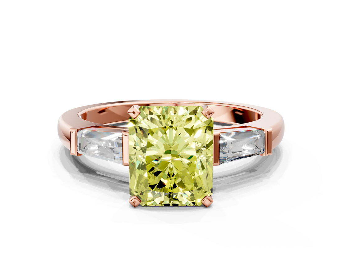 Rose gold Fancy Yellow Radiant  Solitaire with Tapered Baguette Side Stones on a Classic Band with Four-Prong Setting_74