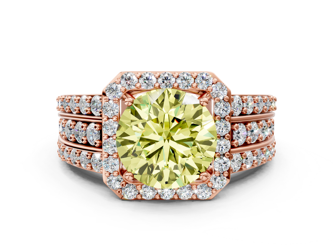 Rose gold Fancy Yellow Round -Cut Halo Diamond Ring with Split Shank and Four-Prong Setting_17