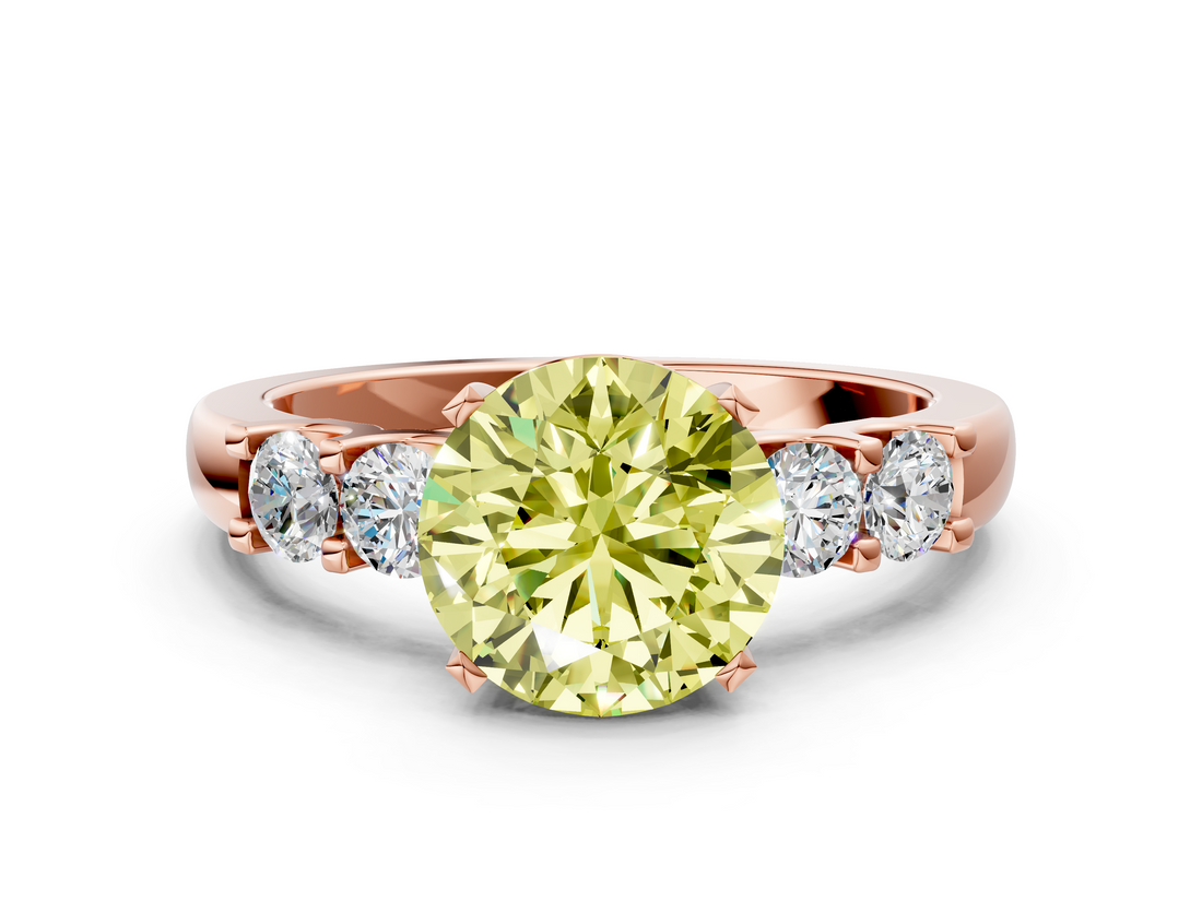Rose gold Fancy Yellow Round  Brilliant Cut Diamond Five-Stone Prong Set Engagement Ring with Channel Band