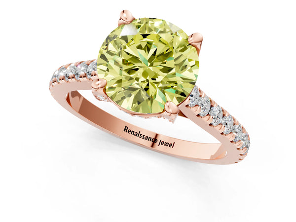 Rose gold Fancy Yellow Round  Brilliant Diamond Solitaire with Pavé Band and Four-Prong Setting