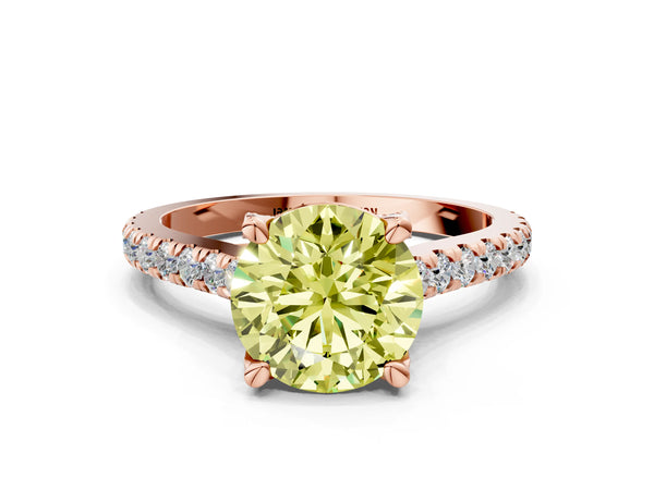 Rose gold Fancy Yellow Round  Brilliant Diamond Solitaire with Pavé Band and Four-Prong Setting