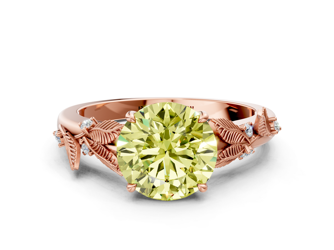 Rose gold Fancy Yellow Round  Brilliant Solitaire with Leaf Motif Band and Four-Prong Setting_34