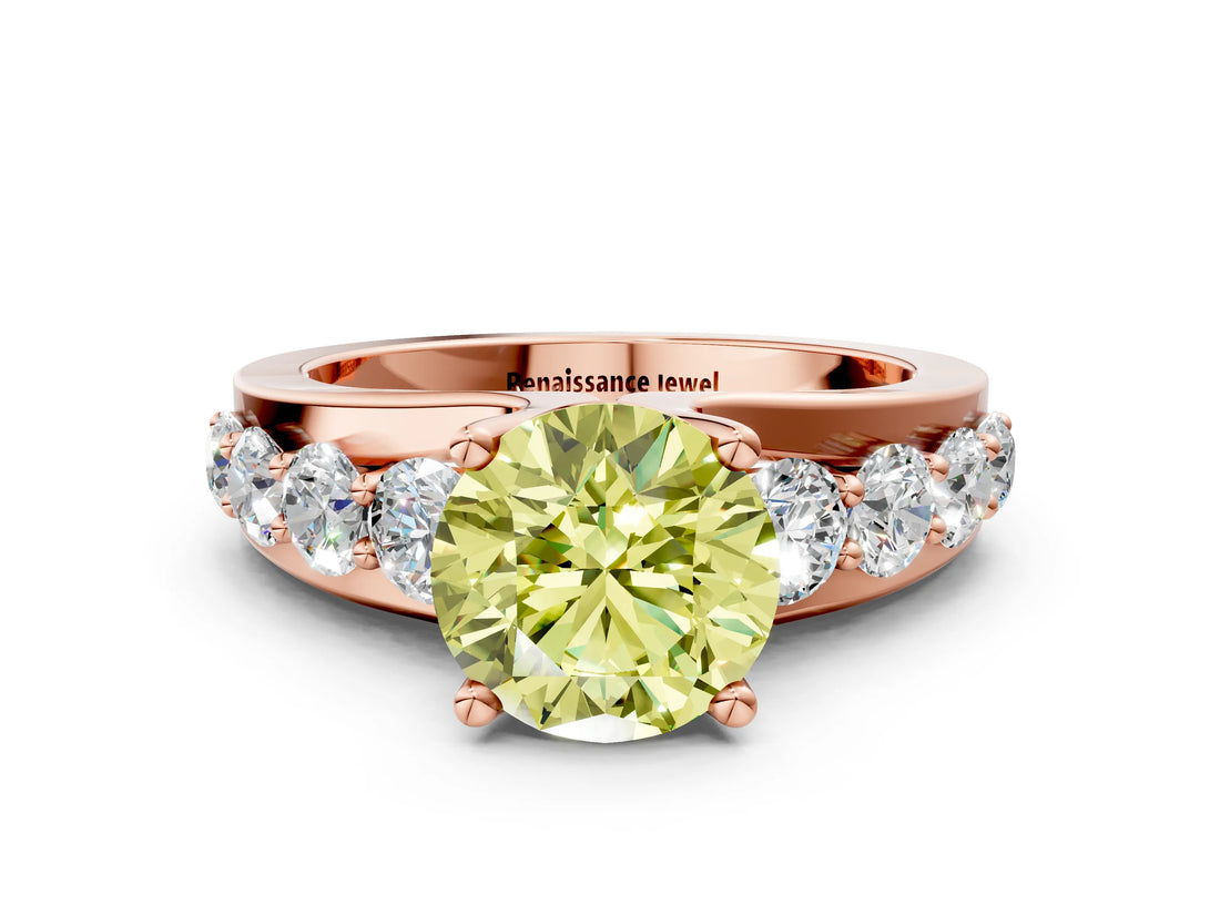 Rose gold Fancy Yellow Round  Brilliant Solitaire with Side Stones on a Pave Band and Four-Prong Setting_12