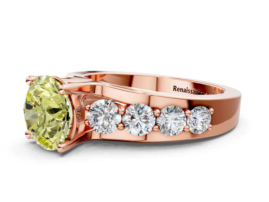 Rose gold Fancy Yellow Round  Brilliant Solitaire with Side Stones on a Pave Band and Four-Prong Setting_65