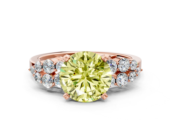Rose gold Fancy Yellow Round  Cluster Diamond Engagement Ring with Pavé Band and Four-Prong Setting