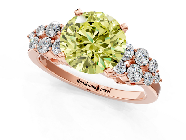 Rose gold Fancy Yellow Round  Cluster Diamond Engagement Ring with Pavé Band and Four-Prong Setting
