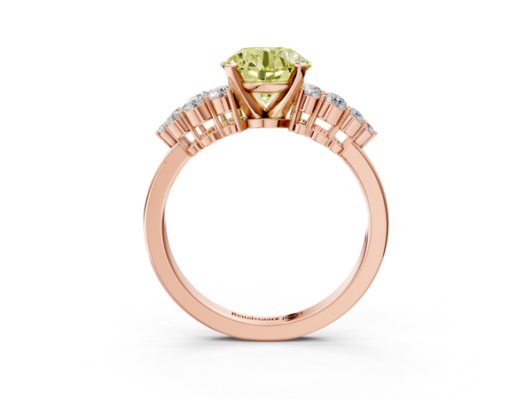 Rose gold Fancy Yellow Round  Cluster Diamond Engagement Ring with Pavé Band and Four-Prong Setting