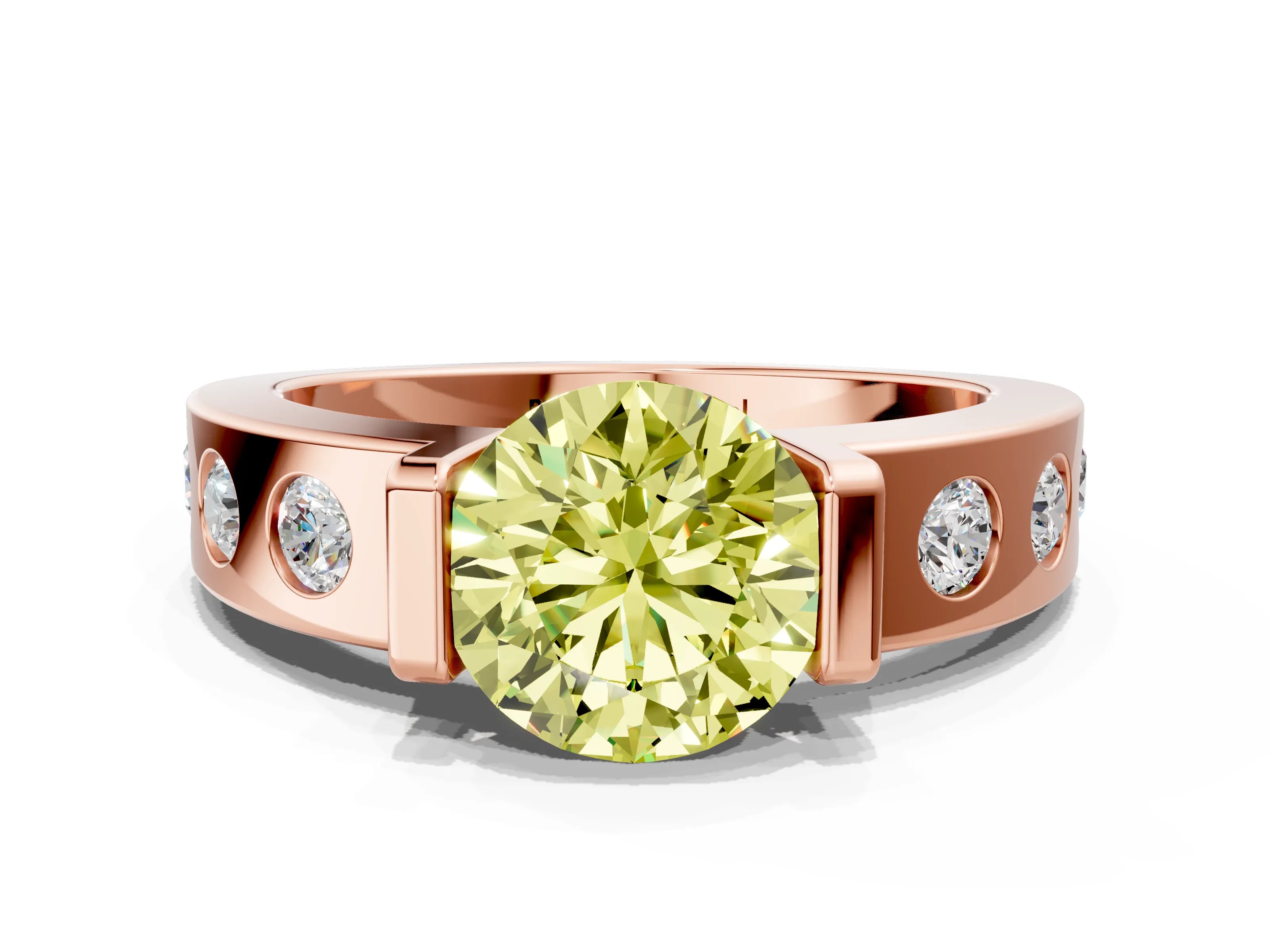 Rose gold Fancy Yellow Round Cut Brilliant Channel-Set Diamond Ring with Bezel Prong Setting