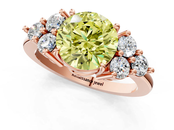 Rose gold Fancy Yellow Round Cut Brilliant Diamond Cluster Accent Solitaire Ring with Prong Setting