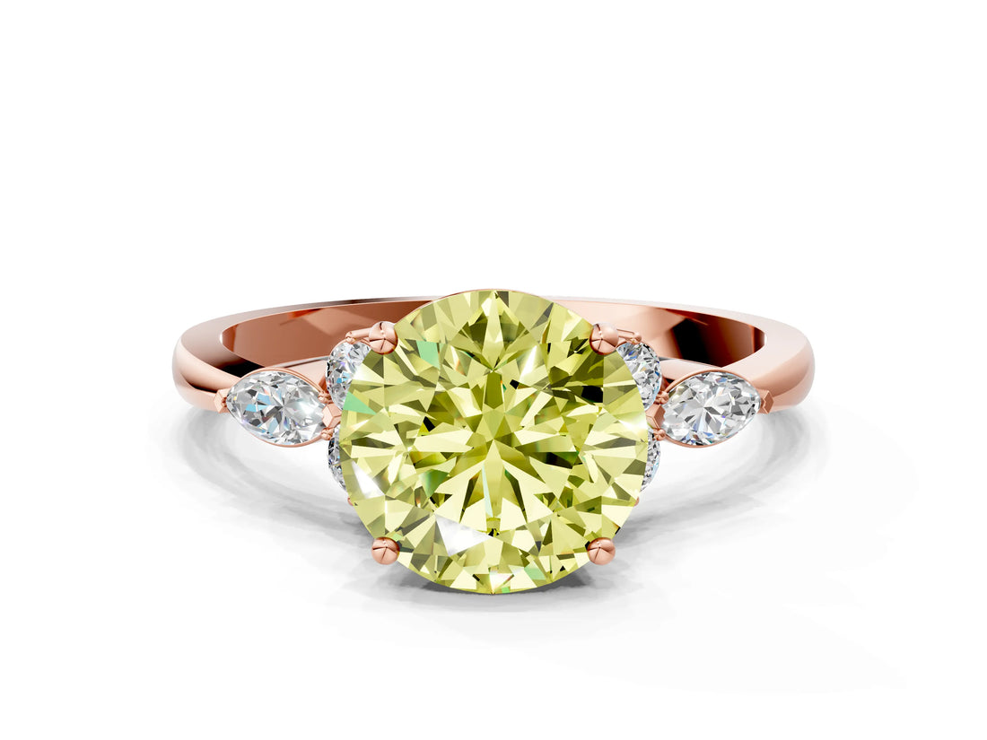 Rose gold Fancy Yellow Round Cut Brilliant Diamond Solitaire Ring with Pear Side Stones and Four-Prong Setting_3