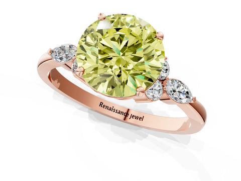 Rose gold Fancy Yellow Round Cut Brilliant Diamond Solitaire Ring with Pear Side Stones and Four-Prong Setting_4