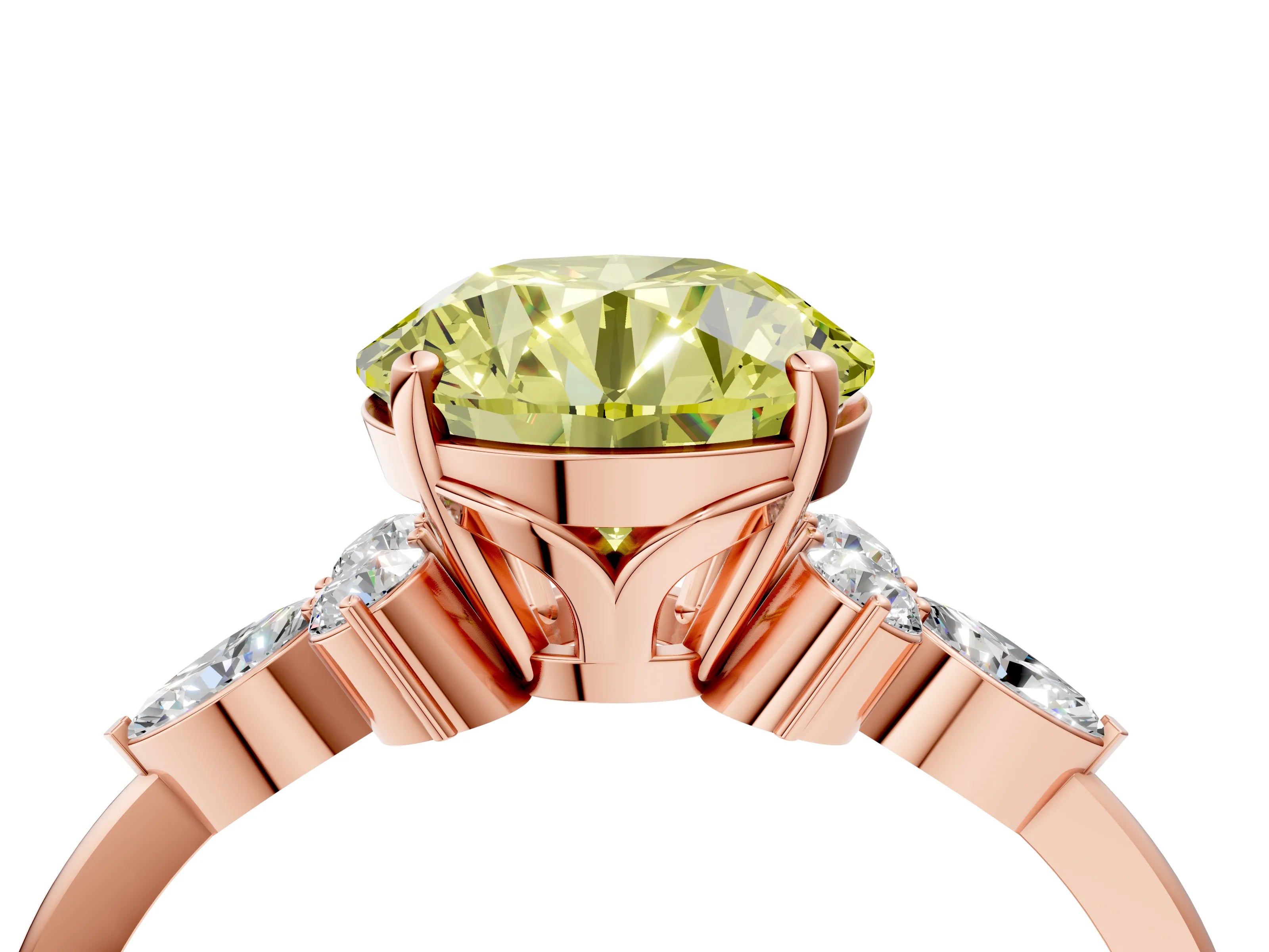 Rose gold Fancy Yellow Round Cut Brilliant Diamond Solitaire Ring with Pear Side Stones and Four-Prong Setting_7