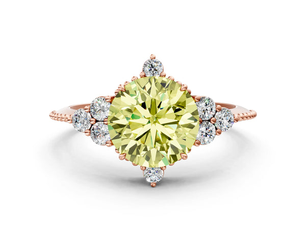 Rose gold Fancy Yellow Round Cut Brilliant Diamond with Cluster Setting on a Beaded Band and Four-Prong Setting