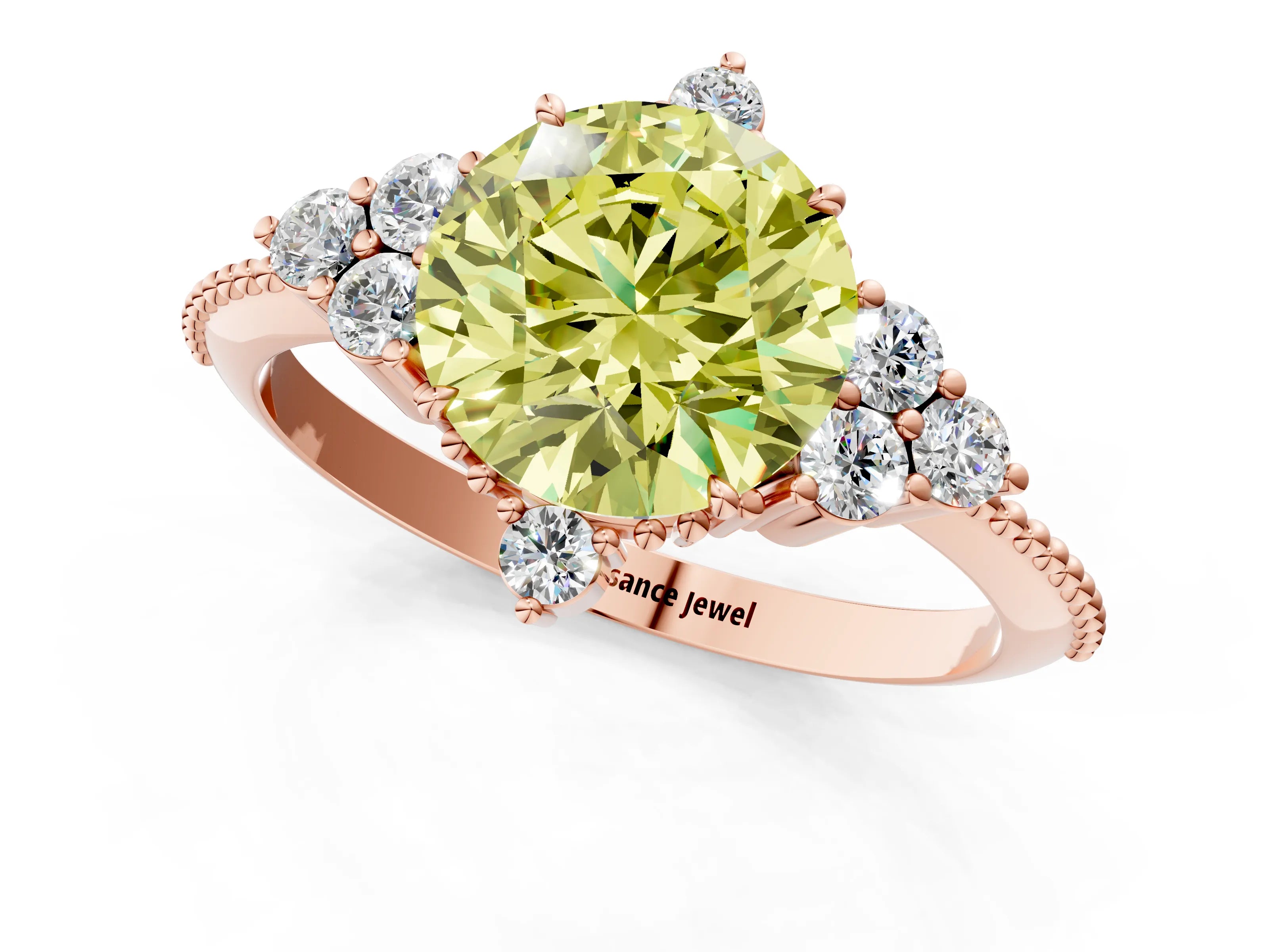 Rose gold Fancy Yellow Round Cut Brilliant Diamond with Cluster Setting on a Beaded Band and Four-Prong Setting_1