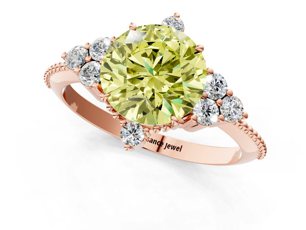 Rose gold Fancy Yellow Round Cut Brilliant Diamond with Cluster Setting on a Beaded Band and Four-Prong Setting