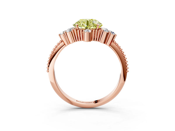 Rose gold Fancy Yellow Round Cut Brilliant Diamond with Cluster Setting on a Beaded Band and Four-Prong Setting
