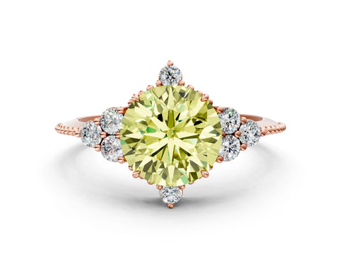 Rose gold Fancy Yellow Round Cut Brilliant Diamond with Cluster Setting on a Beaded Band and Four-Prong Setting